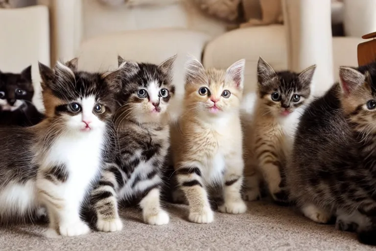 Image similar to a living room full of cute kittens that are all facing the camera