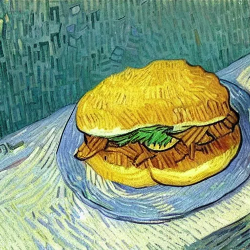 Image similar to onion steak sandwich painted by Van Gogh