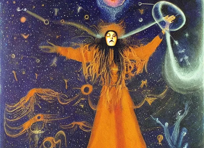 Prompt: a shaman woman holding up the cosmic!! universe, by remedios varo, meteor - shower, reflection, symbolist!, psychedelic colors, dramatic!! lighting, smooth, sharp focus, extremely detailed, aesthetically pleasing composition