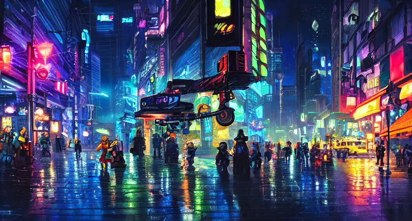 Prompt: Cyberpunk city street at night, realistic lighting, pixar color script painting by Lou Romano, thick brush strokes, impressionism, Dreamworks, Disney Pixar, acescg colorspace, cool blue night color palette, lego batman movie color script