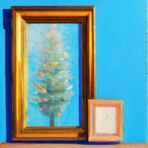 Image similar to oil painting of a of paper standing vertically against a blue background, impressionist artwork