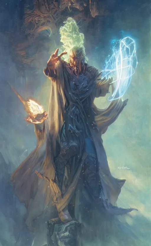 Image similar to Wizard casting a powerful spell by Adrian Smith and Delphin Enjolras and Daniel F. Gerhartz