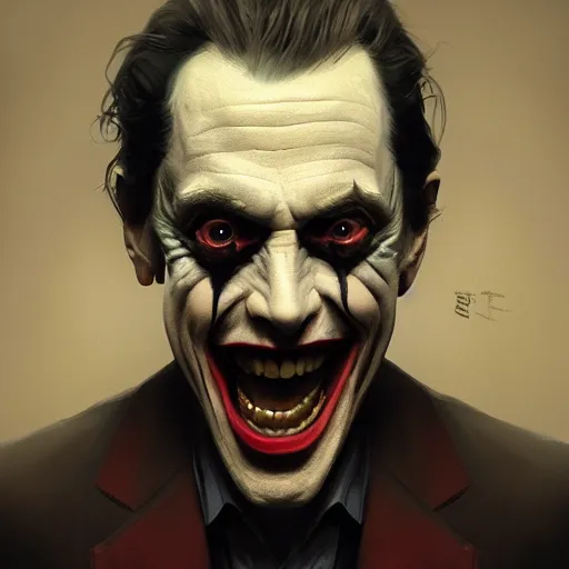 Image similar to portrait of Steve Buscemi as The Joker, art by greg rutkowski, matte painting, trending on artstation