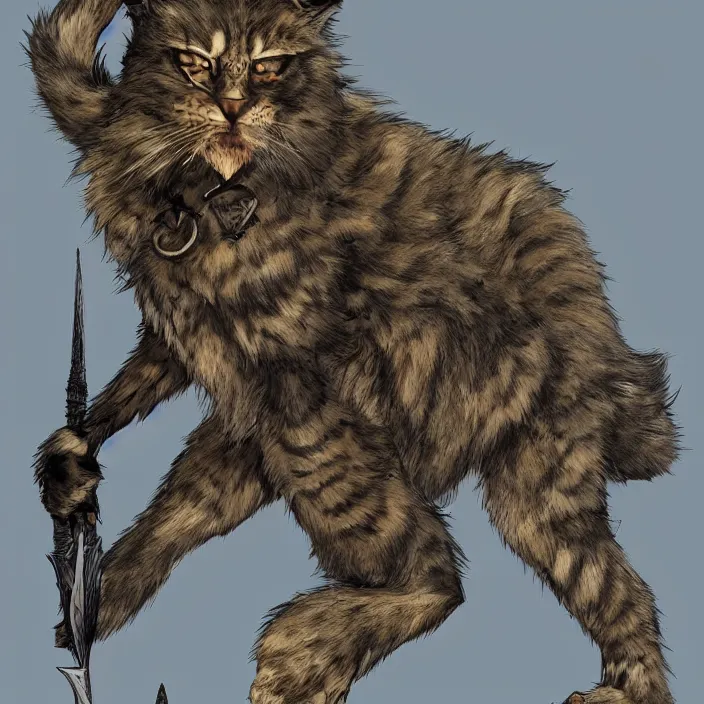 Prompt: khajit tabaxi catfolk humanoid with maine coon features black fur with a scar on the left eye and holding two shortswords cloaked in shadow and wearing hooded leather armor agile, dungeons and dragons, fantasy, tarot card style, high detail, hyper realistic