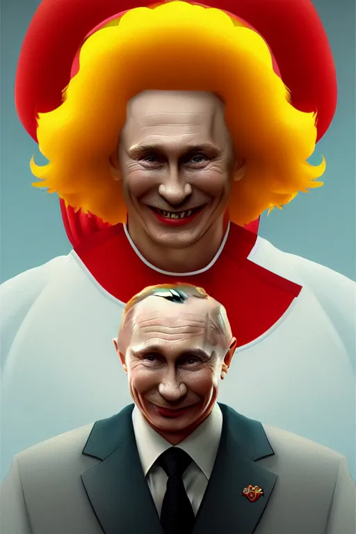 Image similar to vladimir putin as ronald mcdonald, 2 d portrait, symmetrical, highly detailed, digital painting, artstation, concept art, smooth, sharp focus, illustration, cinematic lighting, art by artgerm and greg rutkowski and alphonse mucha