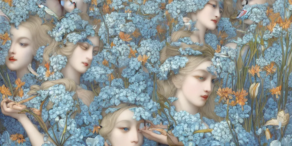 Image similar to breathtaking detailed concept art painting art deco pattern of blonde faces goddesses amalmation light - blue flowers with anxious piercing eyes and blend of flowers and birds, by hsiao - ron cheng and john james audubon, bizarre compositions, exquisite detail, extremely moody lighting, 8 k