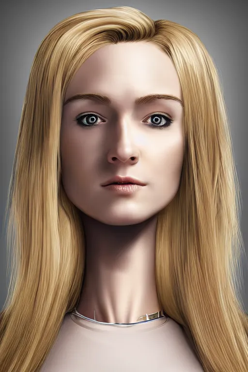 Image similar to robot with human face, female head, full body angle, woman human face, human face realistic, beautiful blonde hair, human head, human head with blonde hair, blonde hair human head, blonde hair, human realistic face, human head skin, cyborg frame concept, cyborg by ales-kotnik, sci-fi android female, the body is made of wires, robotic body, cyborg body, cyborg bust body, robot body cyborg, full body