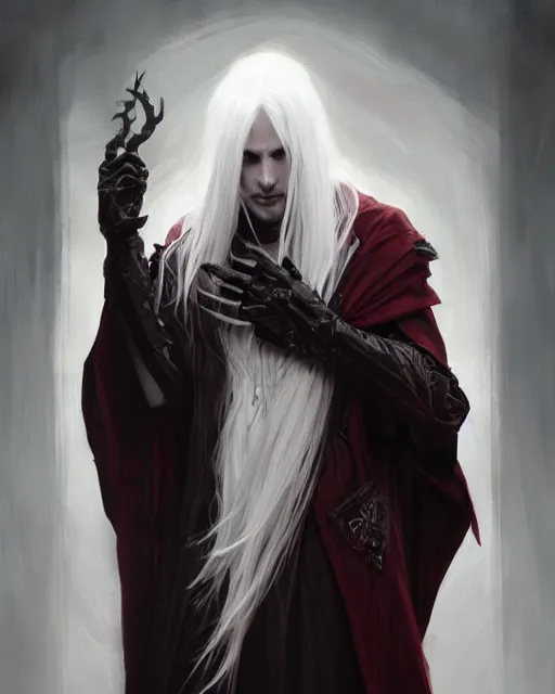 Prompt: '' Portrait of a blood warlock with white hair, dark theme, white long hair, fangs, bone wings,dark cape, dark eyes, dark red background, high detail, 4k , digital painting, artstation, concept art, sharp focus, illustration, art by greg rutkowski and alphonse mucha ''