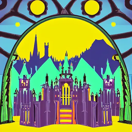Prompt: beautiful gothic castle landscape in the style of Pop art