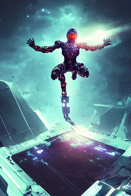 Image similar to ninja cyborg floating in space letting go of reality and experiencing the quantum feild, matte painting comic book art, cinematic, highly detailed, realistic, beautiful cosmic neural network, octane render, unreal engine, depth of field, trending on artstation, sharp focus, philosophical splashes of colors