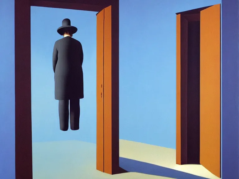 Image similar to a door to nothingness, painting by rene magritte, high detail, high resolution