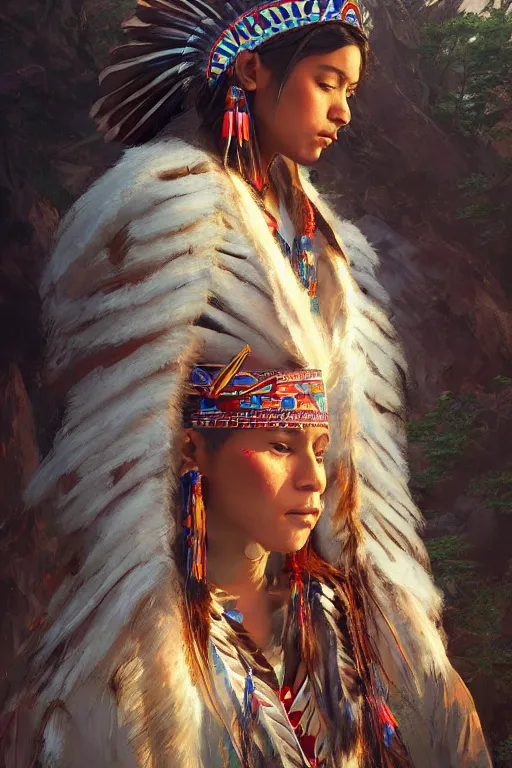 Image similar to beautiful young Cherokee woman in a native american outfit, full body photo, intricate, elegant, volumetric lighting, scenery, digital painting, highly detailed, artstation, sharp focus, illustration, concept art, ruan jia, steve mccurry and Irakli Nadar