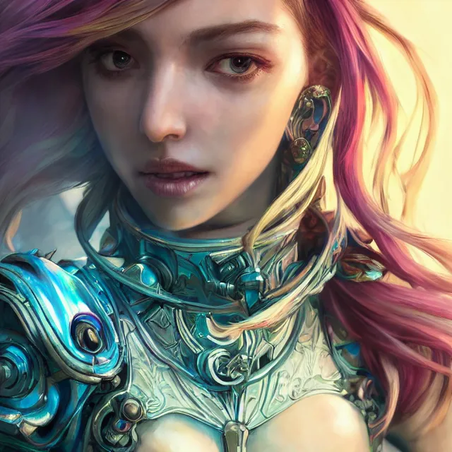 Prompt: studio portrait of lawful good colorful female holy mech paladin as absurdly beautiful, elegant, young woman, eye gear, ultrafine hyperrealistic detailed face illustration by kim jung gi, irakli nadar, intricate linework, sharp focus, bright colors, matte, octopath traveler, final fantasy, unreal engine highly rendered, global illumination, radiant light, intricate environment