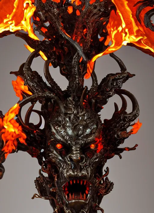 Image similar to high intricate sculpture of a baroque hellfire demon made of fire, studio light, maria panfilova, andrea savchenko, mike kime, ludovic plouffe, qi sheng luo, oliver cook, trending on artstation