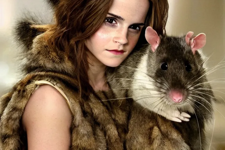 Prompt: 9, photo, emma watson as anthropomorphic furry - rat, 2 8 6 5 5, she is a real huge fat rat with rat body, cats! are around, eating cheese, highly detailed, intricate details