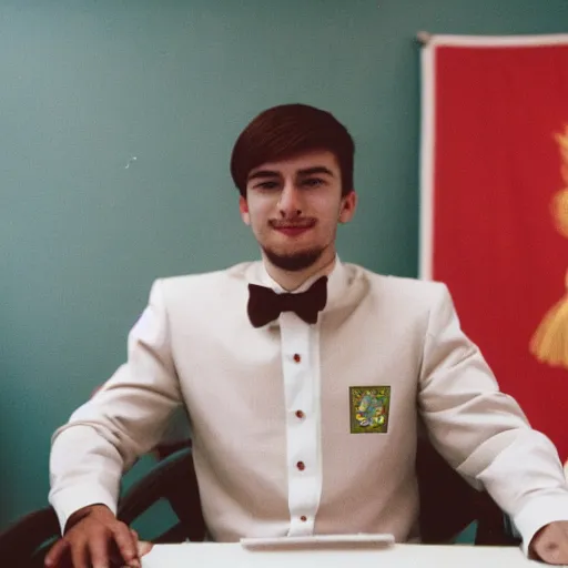 Image similar to A young man in a suit sits at a table , coat of arms of USSR in background, bokeh, cinestill, fine details