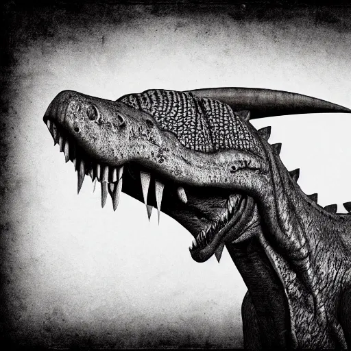 Image similar to portrait of a highly realistic allosaurus-person, real dinosaur-person, dressed as victorian gentleman, black and white, wet plate photograph, ultrasharp detail, 4k, HD, walking with dinosaurs, ILM