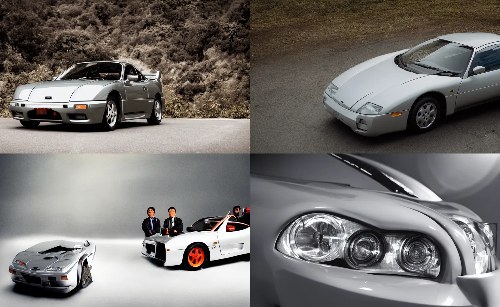 Prompt: Nineties Japanese sports car with hidden headlamps, commercial photo shoot