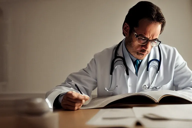 Image similar to a cinematic headshot portrait of an doctor reading his notes, moody lighting, movie still, shallow depth of field, muted colors