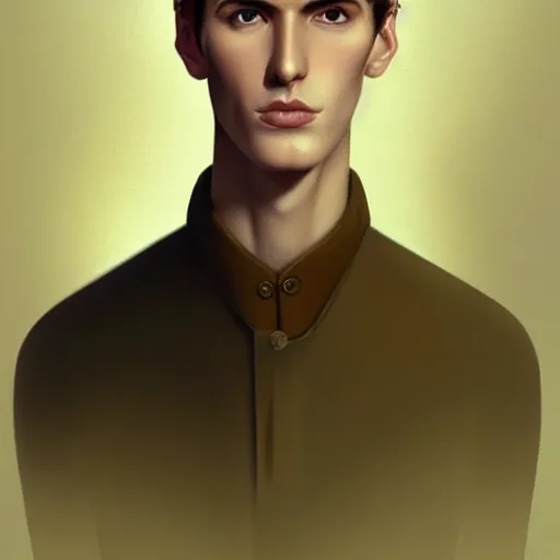 Image similar to tall man in his twenties with brown blond short quiff hair and thin slightly round facial structure with cleft chin, straight eyebrows and prominent nose, good definition of cheekbones, big hazel nut brown eyes, narrow face, slim body, atmospheric lighting, painted, intricate, 4 k, highly detailed by charlie bowater