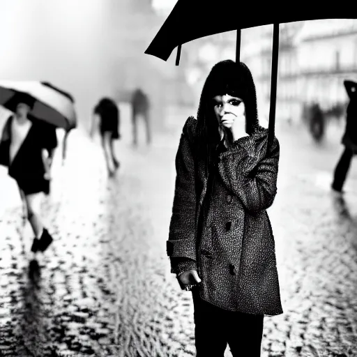 Prompt: black and white fashion photograph, highly detailed portrait of a depressed girl drug dealer on a Paris street at night, detailed face looking into camera, eye contact, natural light, long exposure, rain, mist, lomo, fashion photography, film grain, soft vignette, sigma 85mm f/1.4 1/10 sec shutter, Daren Aronofsky film still promotional image, IMAX 70mm footage