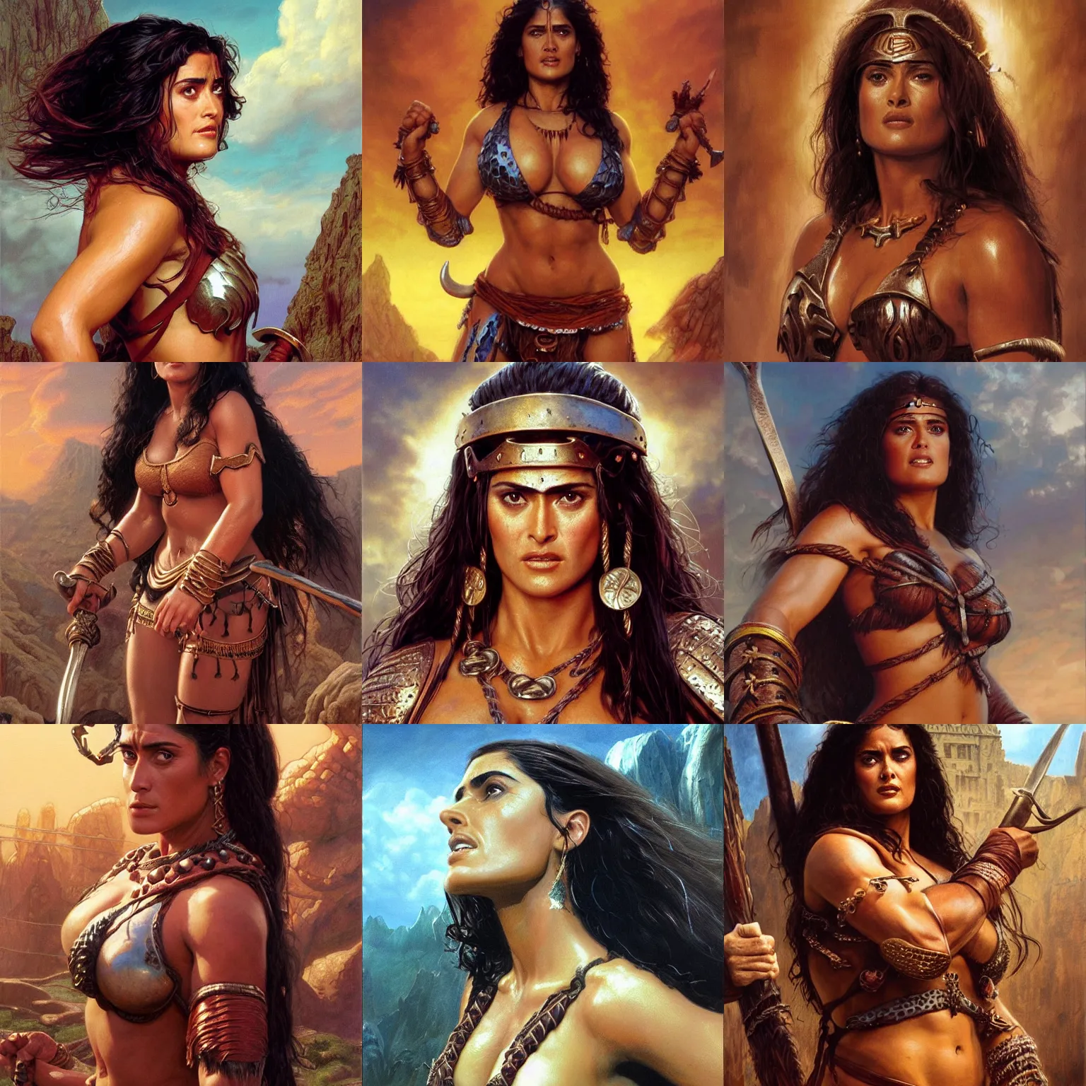 Prompt: young salma hayek as a barbarian from conan, detailed, centered, digital painting, artstation, concept art, donato giancola, joseph christian leyendecker, wlop, boris vallejo, breathtaking, 8 k resolution, extremely detailed, beautiful, establishing shot, artistic, hyperrealistic, beautiful face, octane render