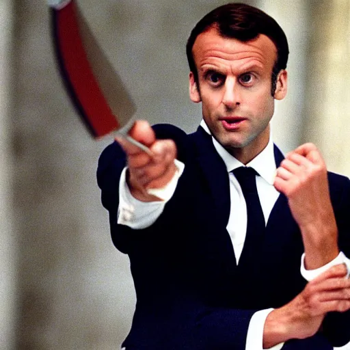 Image similar to Emmanuel Macron using a knife in American Psycho (1999)