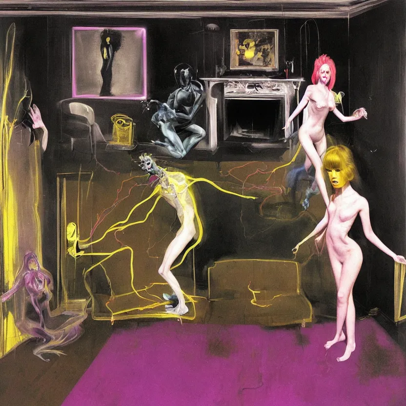 Image similar to Man and woman start to bounce in a living room of a house, floating dark energy surrounds the middle of the room. There is one living room plant to the side of the room, surrounded by a background of dark cyber mystic alchemical transmutation heavenless realm, cover artwork by francis bacon and Jenny seville, midnight hour, part by adrian ghenie, part by jeffrey smith, part by josan gonzales, part by norman rockwell, part by phil hale, part by kim dorland, artstation, highly detailed