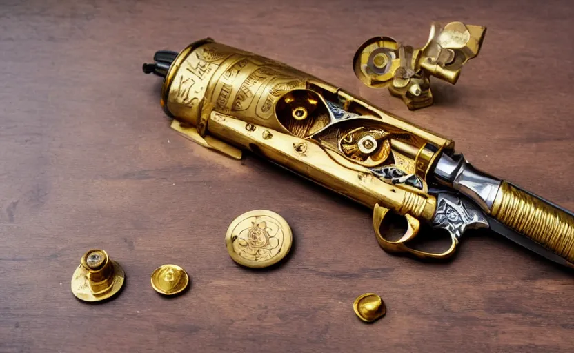 Image similar to golden revolver with engravings laying on a wooden table, complex, high detail