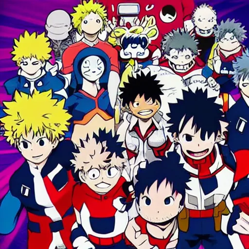 Image similar to my hero academia characters posing for a picture