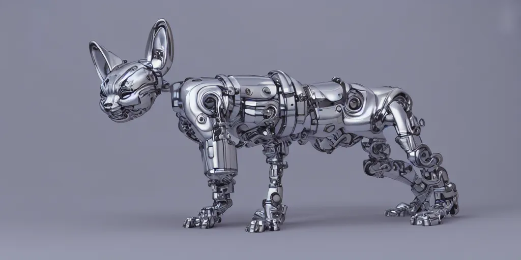 Prompt: a modern cybernetic cat made from porcelain and steel, insane reflexions, pastel colored, daylight, peaceful, 8 k, ambient occlusion, octane render, empty background