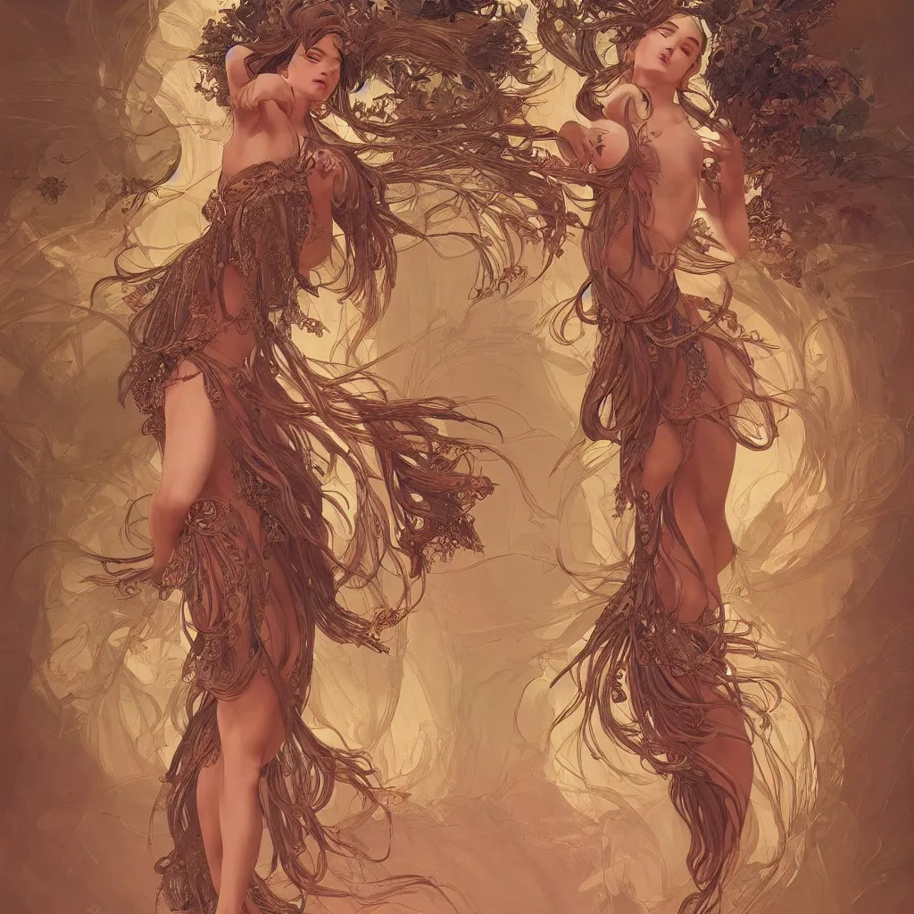 Image similar to seductive goddess dancing in the desert, symmetrical face, fantasy, intricate and very beautiful and elegant, highly detailed, digital painting, artstation, concept art, smooth and sharp focus, illustration, art by tan zi and ayanamikodon and alphonse mucha and wlop