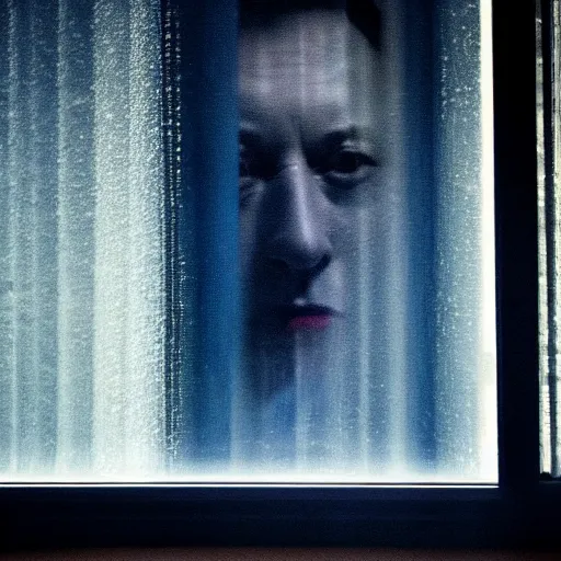 Image similar to dark photo of dark blue rainy bedroom window at night, creepy face of elon musk staring in through the window, horror, scary face,