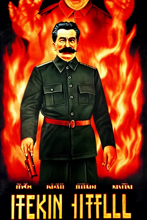 Prompt: movie poster, stalin in hell, scary poster in color, poster in 4 k