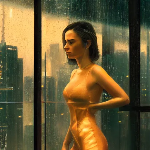 Image similar to detailed portrait of a woman, moment, cyberpunk observation deck, electronic billboards, tech noir, wet reflections, atmospheric, ambient, livia prima, greg rutkowski, edward hopper, pj crook