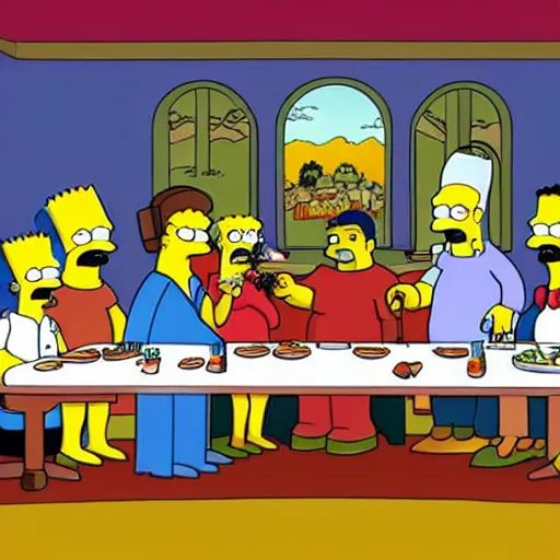 Image similar to the last supper as a still from the simpsons