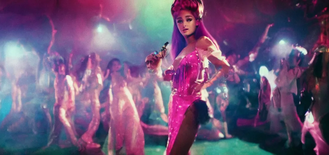 Image similar to cinematic movie still of ariana grande as a 1 9 7 0 s disco queen, 8 k hdr, action shot, movie still, hazy vibes, acid trip, fear and loathing