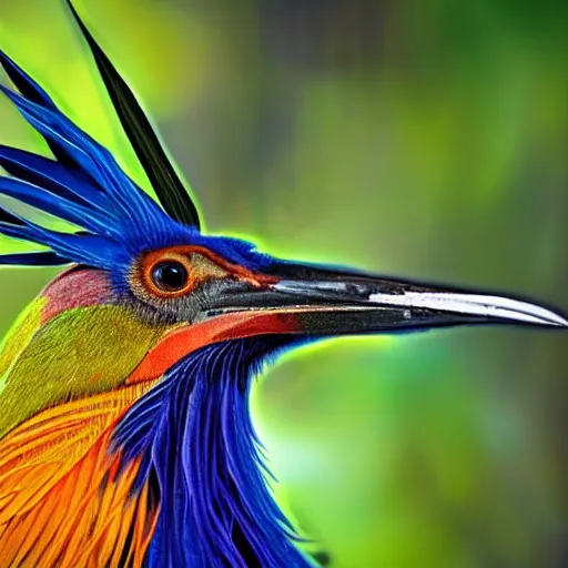 Prompt: closeup photo a bird of paradise, covered in feathers. focus on the beak. intricate eyes. extremely large wings. extreme detail, hyperrealistic photo