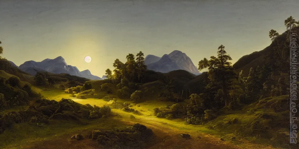 Prompt: a dramatic landscape painting of a mountain with a path leading into fields and forest, night time moonlight, by joachim patinir, oil on canvas, highly detailed, hd, 4 k