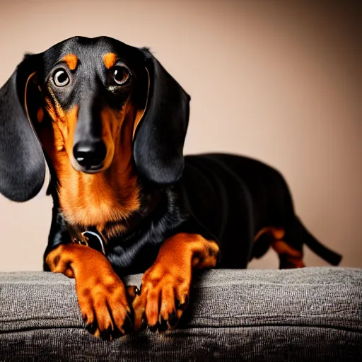 Image similar to photoshoot portrait of a very happy dachshund, with a big smile