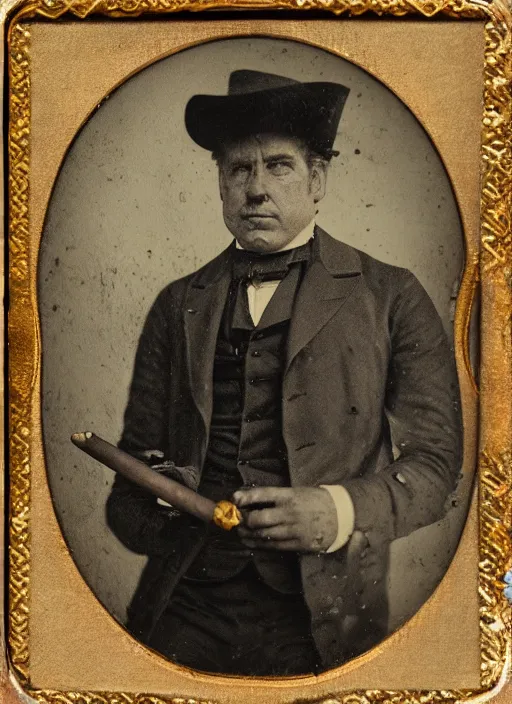 Image similar to old wetplate daguerreotype portrait of a fancy man with a hat and a cigar, explosion of data fragments, fractal, intricate, elegant, highly detailed, parallax, leica, medium format, subsurface scattering, by jheronimus bosch and greg rutkowski and louis jacques mande daguerre