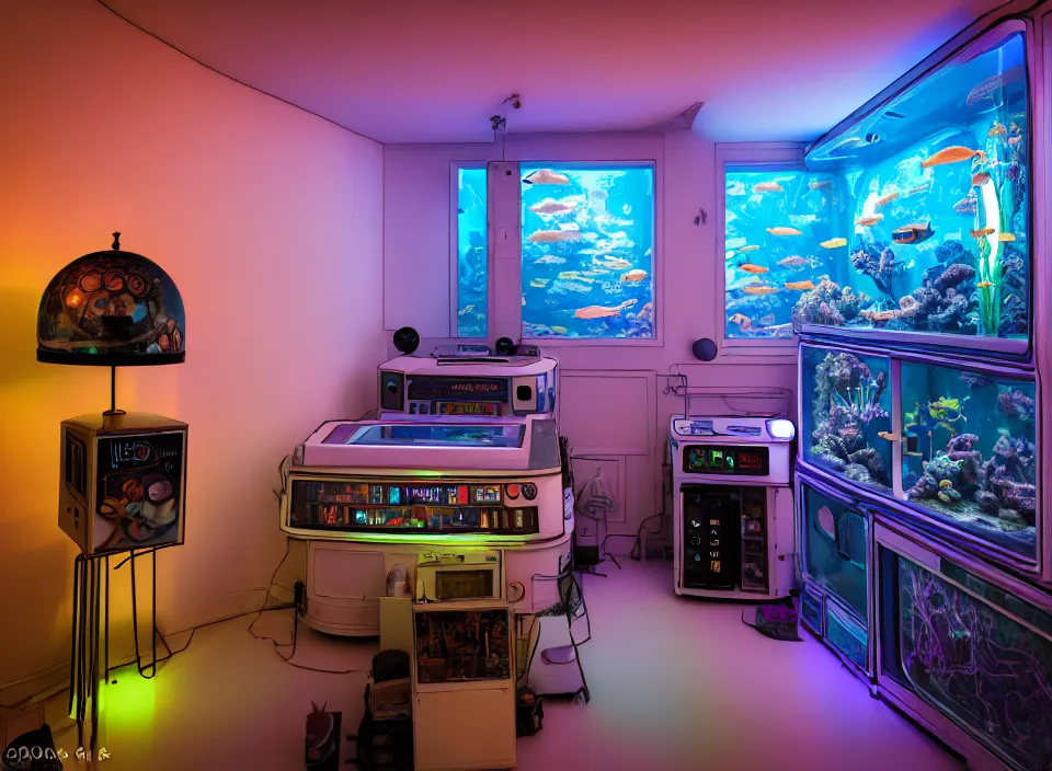 Image similar to telephoto 7 0 mm f / 2. 8 iso 2 0 0 photograph depicting the feeling of insomnia in a cosy cluttered french sci - fi ( art nouveau ) cyberpunk apartment in a pastel dreamstate art cinema style. ( aquarium, computer screens, window ( city ), led indicator, lamp ( ( ( pinball machine ) ) ) ), ambient light.