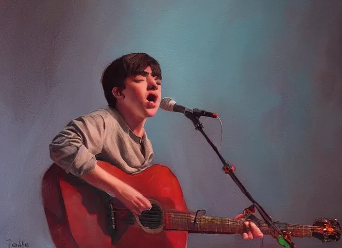 Image similar to Declan Mckenna singing, concept art oil painting by Jama Jurabaev, extremely detailed, brush hard, artstation