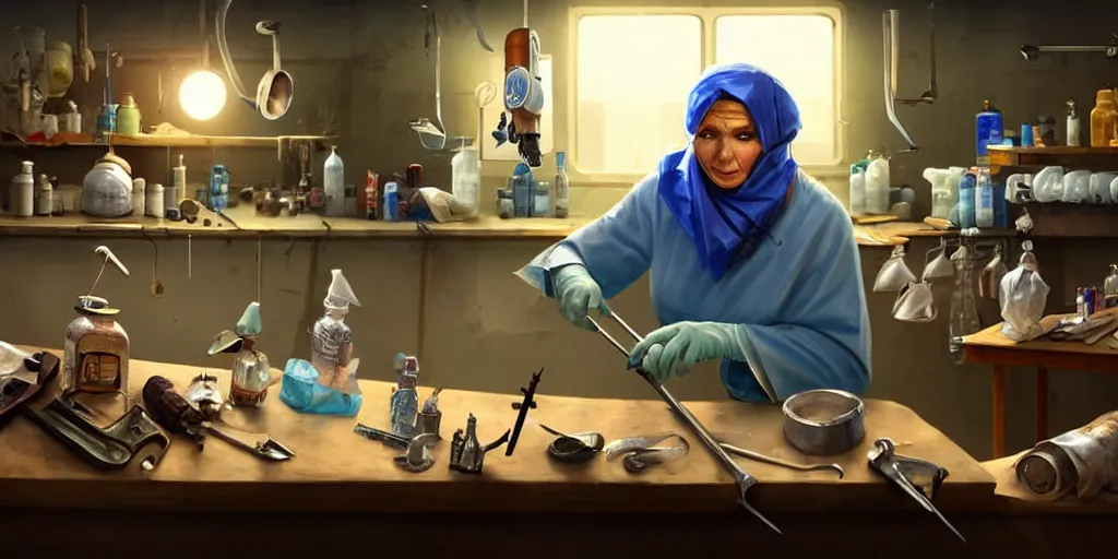 Image similar to an environmental concept art of a babushka surgeon in a cluttered mechanics workshop, surgical impliments, surgery table, highly detailed, cinematic, dramatic