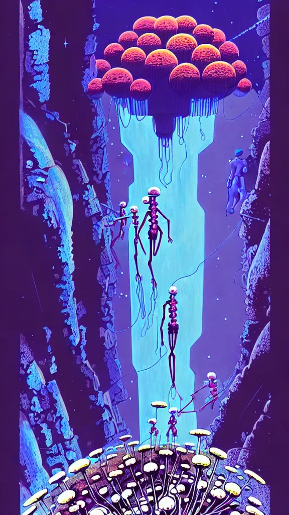 Image similar to a scifi illustration, An unknown mechanism bouquet of flowers in the depths of an ancient cave system on a distant planet in FANTASTIC PLANET La planète sauvage animation by René Laloux