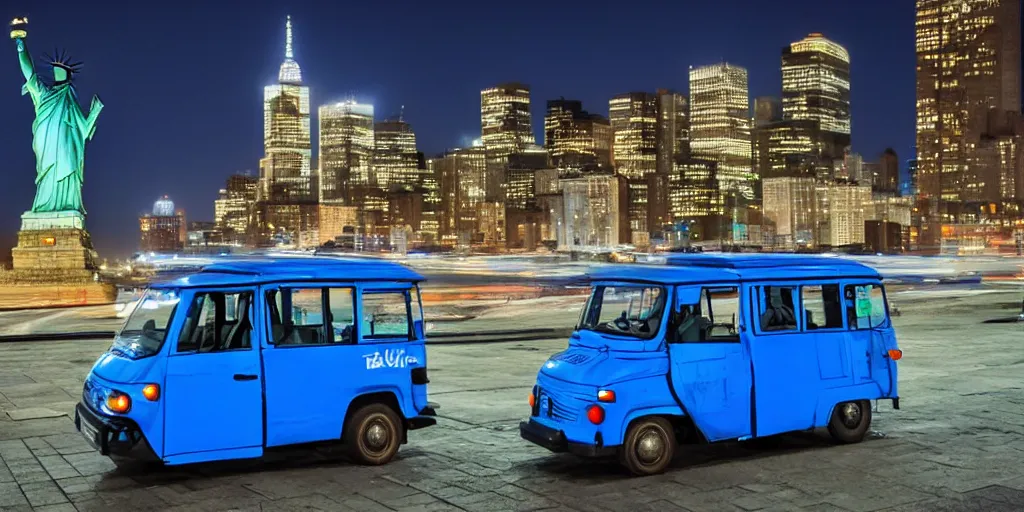 Image similar to a lonely blue tuk tuk with the statue of liberty in the background, night