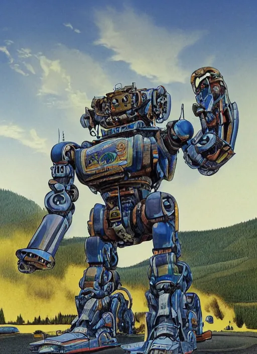 Prompt: realistic physically based rendering of a giant mechanical robot at yellowstone national park by jack kirby and simon bisley, epic, awesome trendy color palette, cinematic