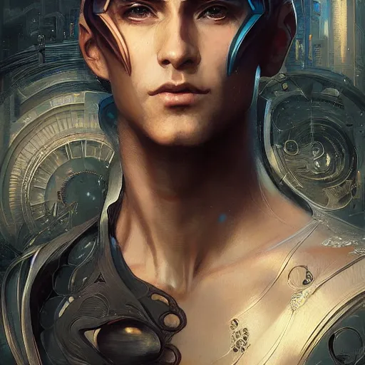 Image similar to beautiful ethereal cyberpunk man, art nouveau, fantasy, intricate binary and electronic designs, elegant, highly detailed, sharp focus, art by artgerm and greg rutkowski and wlop