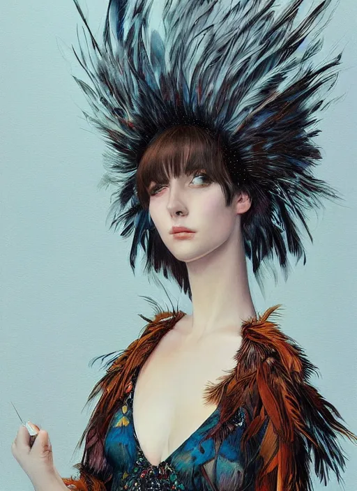 Image similar to teen girl with an eccentric haircut wearing an dress made of feathers, artwork made by ilya kuvshinov and donato giancola