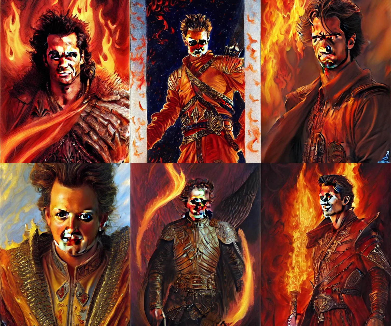 Image similar to The Fire King, beautiful young Matthew Perry, fire, flames, dramatic, hyperdetailed | donato giancola, ralph horsley, Artem Demura | waist-up portrait | dungeons and dragons